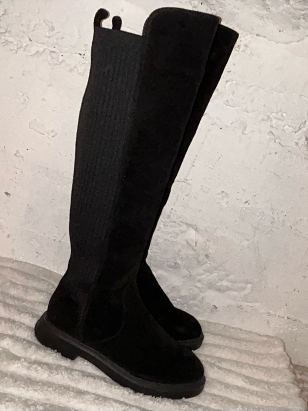 Black Tall Lug Sole Boots Antonio Melani 7M Knee High Chelsea Stretch Riding